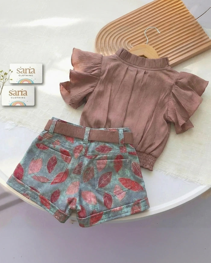 Misty Rose Ruffle Top with Leaf Print Shorts Set for Baby Girls | Sana Clothing