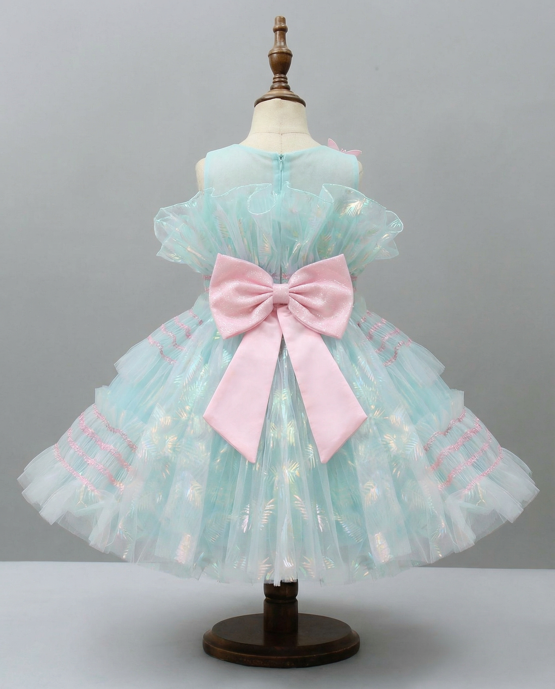 Mint Butterfly Embellished Layered Tulle Dress | Cold Shoulder Party Wear for Baby Girls | Sana Mythic