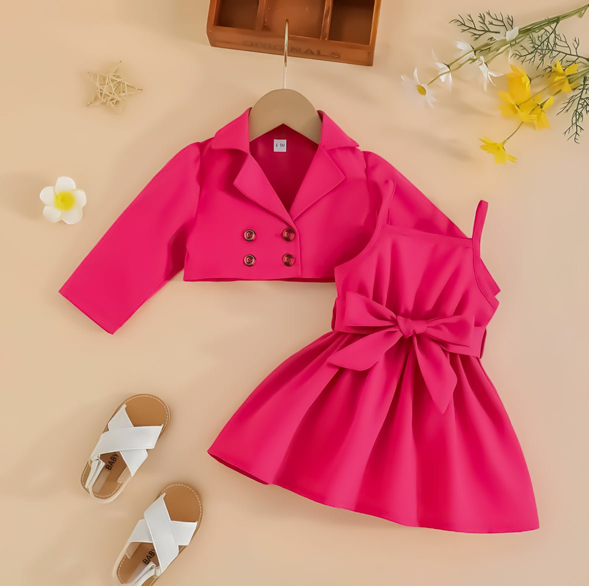 2pcs Girls Lapel Neck Jacket & Dress Set