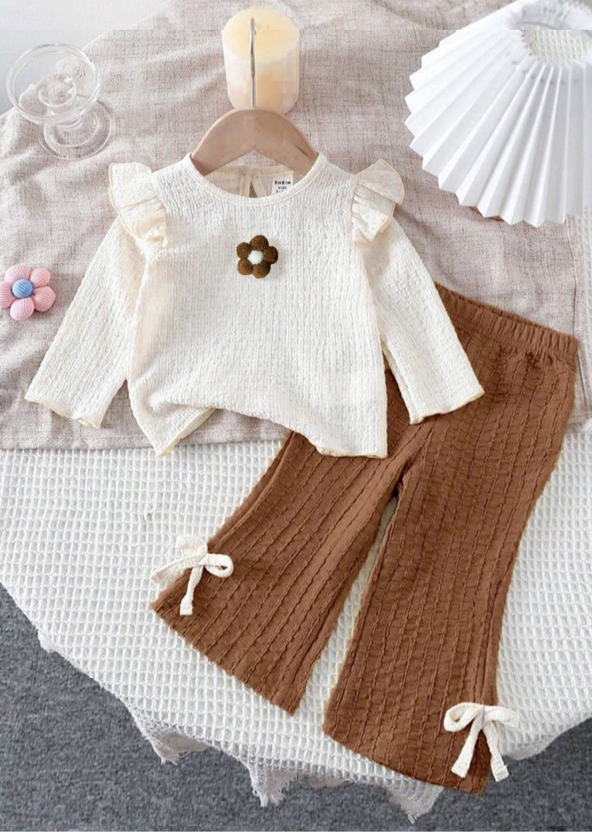 Elegant Long-Sleeve Ruffle Top & Bow-Tie Flare Pants Set for Girls | Sana Clothing