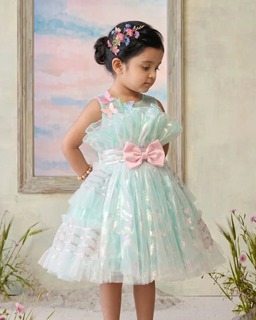 Sky Blue Tulle Dress with Pink Bow