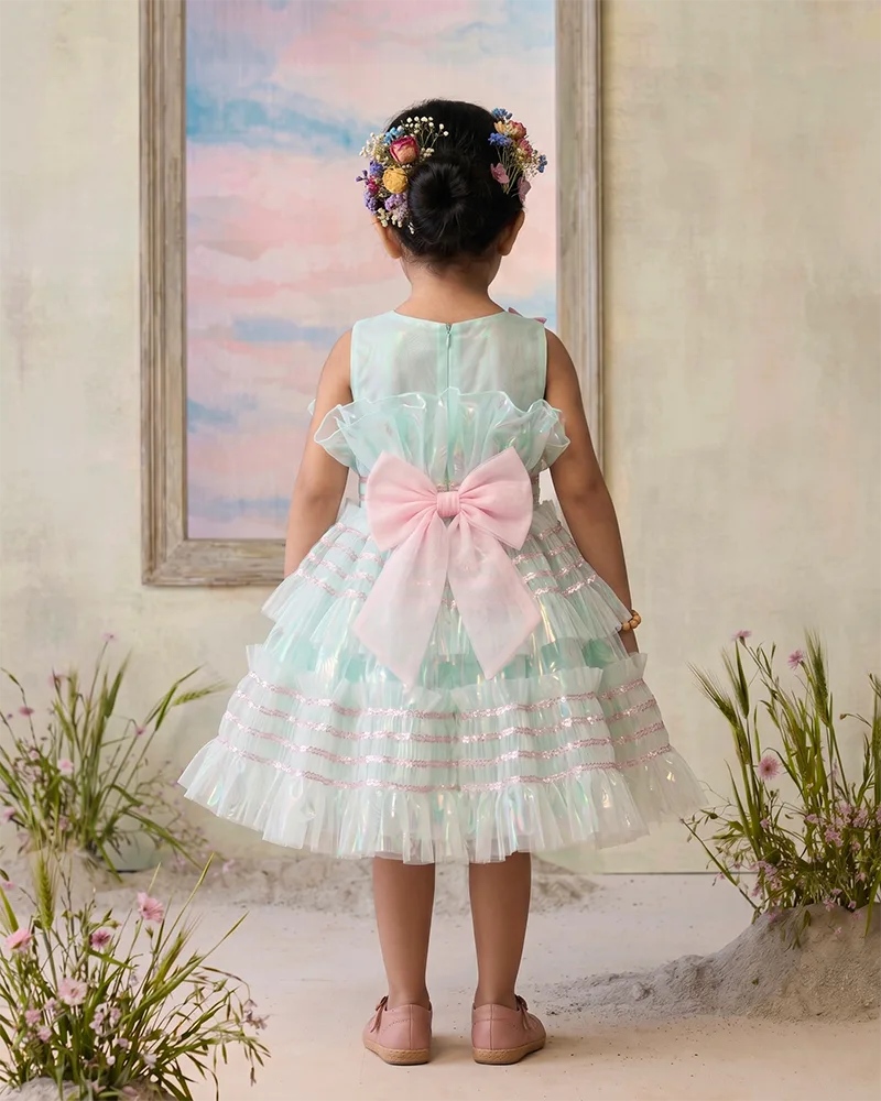Sky Blue Tulle Dress with Pink Bow