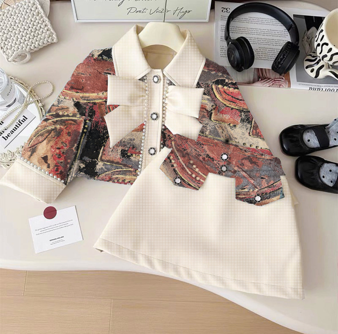 Beige Princess Dress with Abstract Art Sleeves & Pearl Details