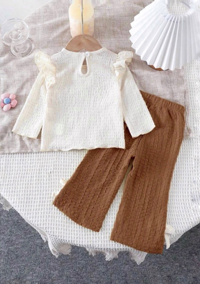 Elegant Long-Sleeve Ruffle Top & Bow-Tie Flare Pants Set for Girls | Sana Clothing