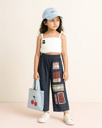 Fur Crop Top & Patchwork Wide Pants Set
