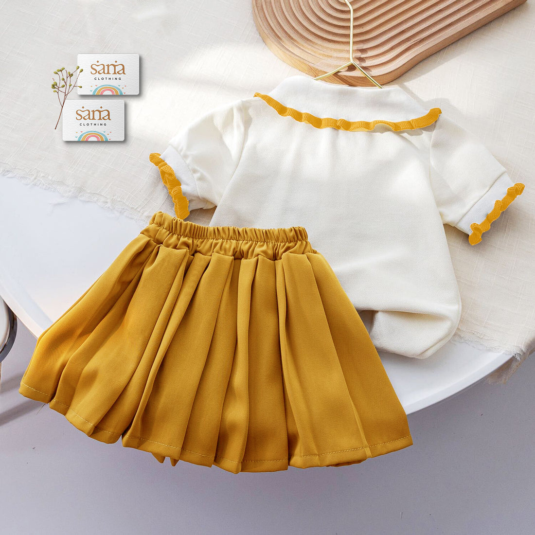 Girl’s Mustard Pleated Skirt & Ruffle Polo Top Set | Stylish Summer Outfit by Sana Clothing