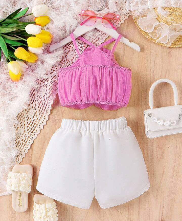 Sweet Ruffle Trim Halter Neck Vest And Casual Shorts Two-Piece Set For Young Girls