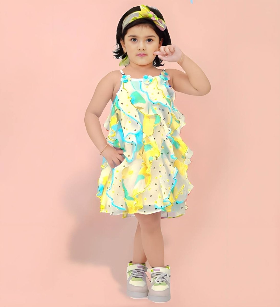 Girls Multicolored floral & Heart Print Ruffled A-Line Dress with Head band