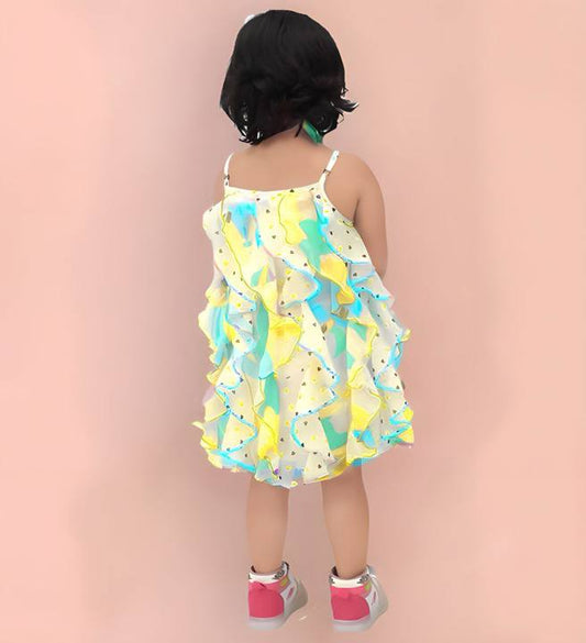 Girls Multicolored floral & Heart Print Ruffled A-Line Dress with Head band