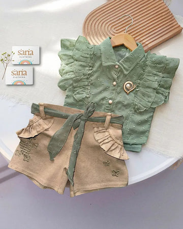 Ruffle Shirt & Embroidered Shorts Set
