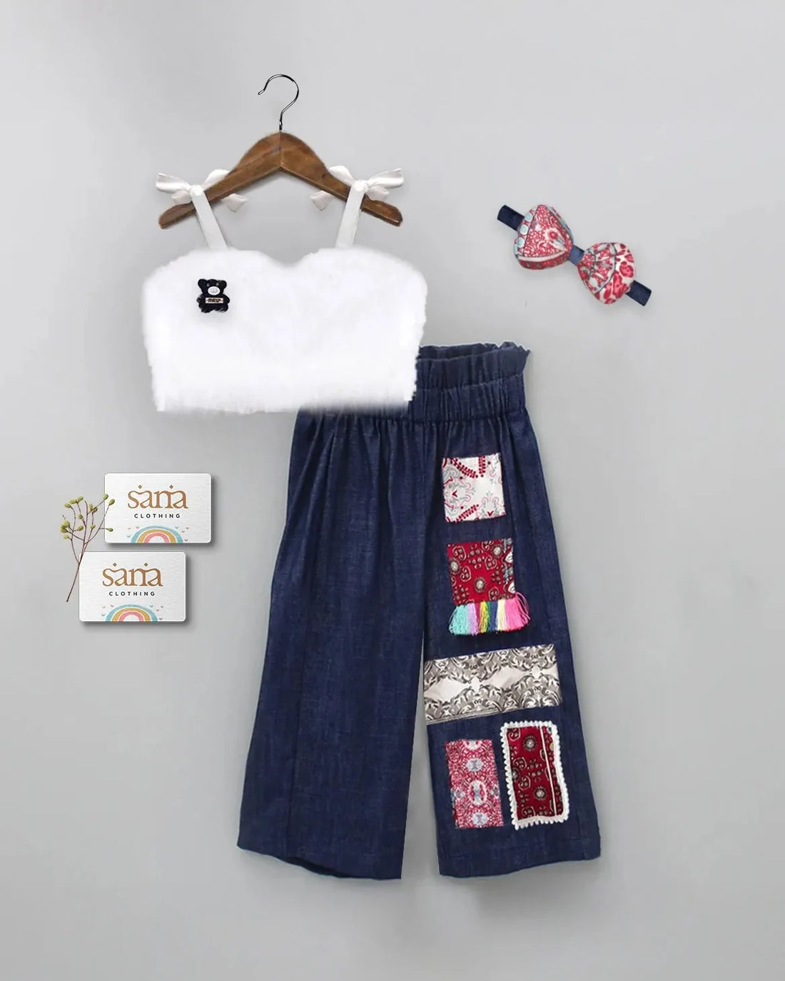 White Faux Fur Crop Top & Denim Patchwork Wide-Leg Pants Set for Girls | Sana Clothing