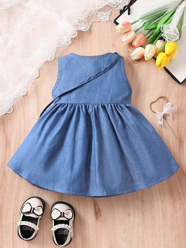 Silky Denim Ruffle Trim Button Front Dress With Bag