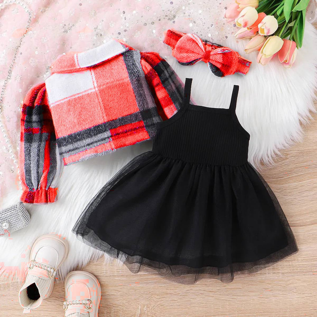 3pcs Baby Girl Sweet Pink Plaid Wool Blend Mesh Dress Set with Headband