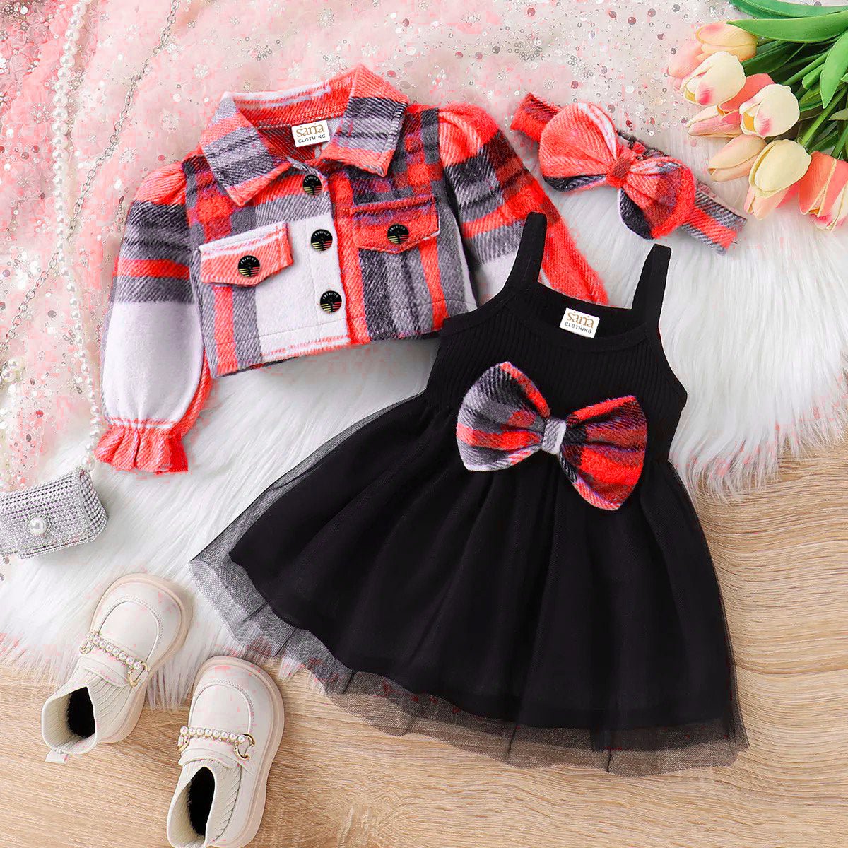 3pcs Baby Girl Sweet Pink Plaid Wool Blend Mesh Dress Set with Headband