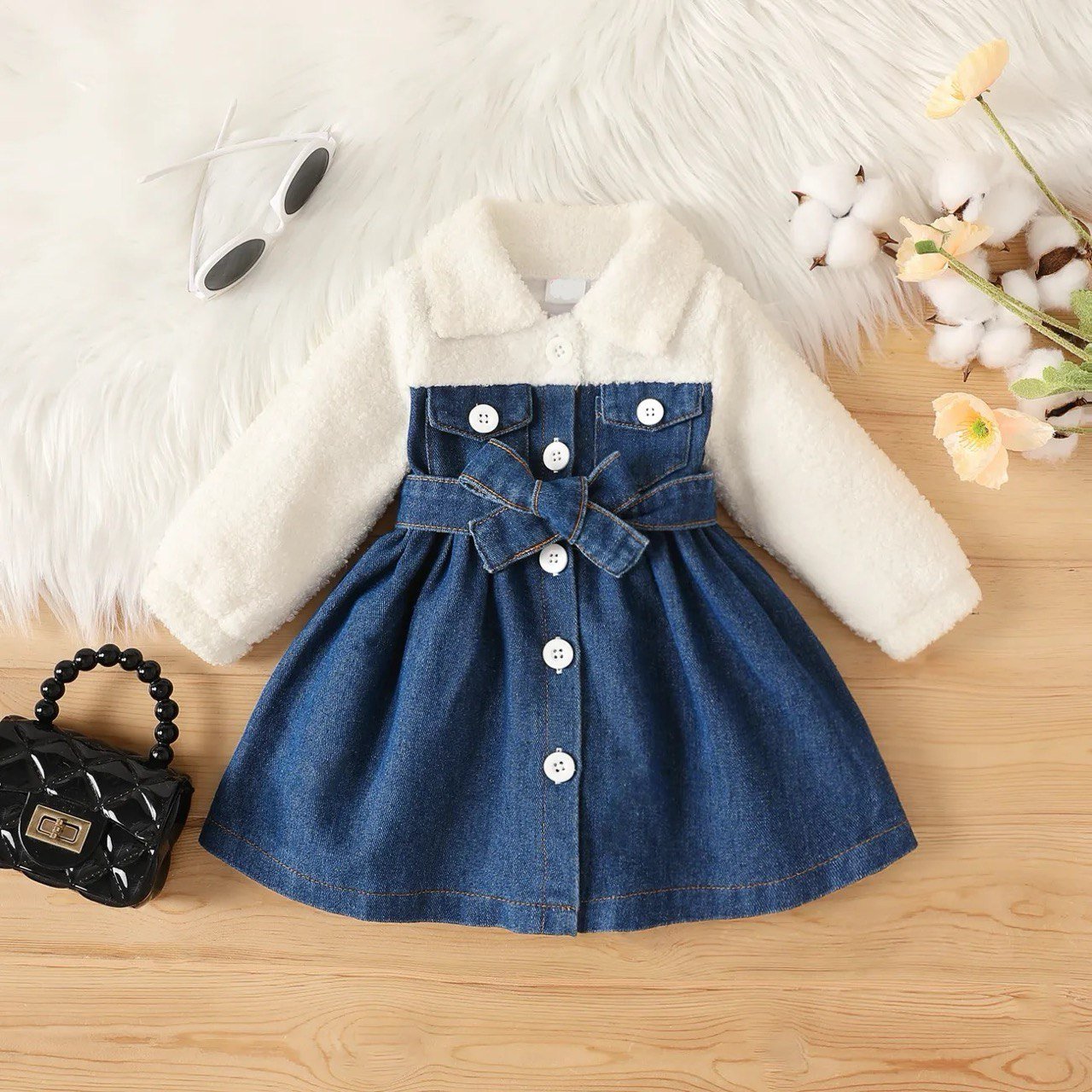 Girl Sweet Stitching Solid Color Long Sleeve Denim Dress, Kid's Party