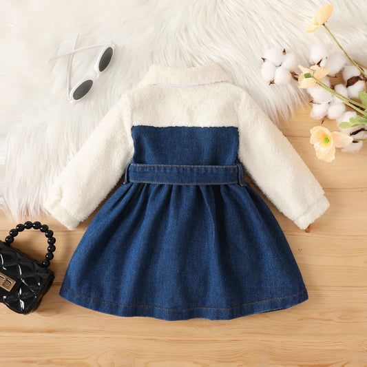 Girl Sweet Stitching Solid Color Long Sleeve Denim Dress, Kid's Party